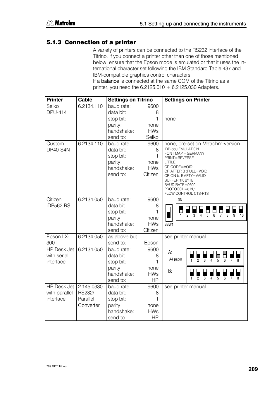 3 connection of a printer | Metrohm 799 GPT Titrino User Manual | Page 213 / 242