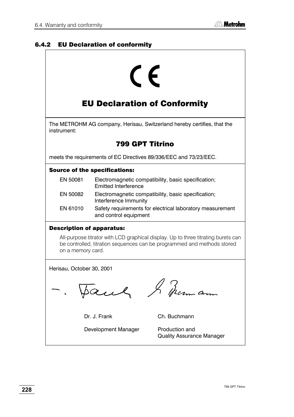2 eu declaration of conformity, Eu declaration of conformity, 799 gpt titrino | Metrohm 799 GPT Titrino User Manual | Page 232 / 242