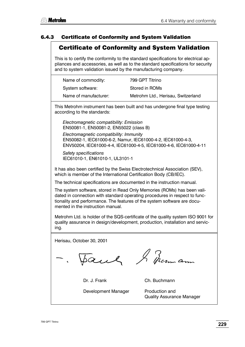 3 certificate of conformity and system validation, Certificate of conformity and system validation | Metrohm 799 GPT Titrino User Manual | Page 233 / 242