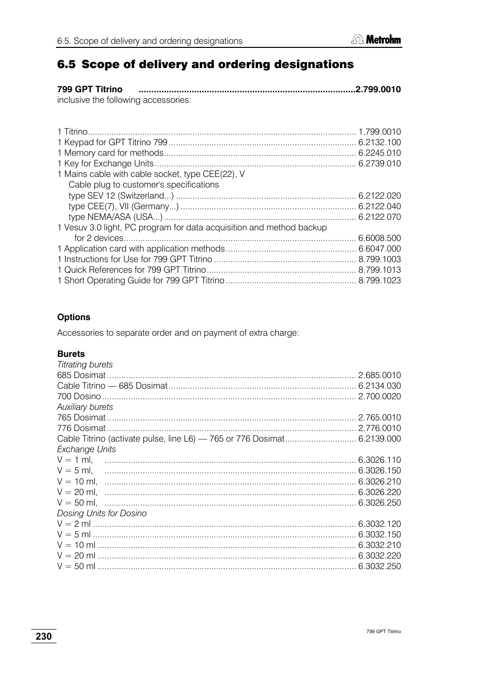 5 scope of delivery and ordering designations | Metrohm 799 GPT Titrino User Manual | Page 234 / 242