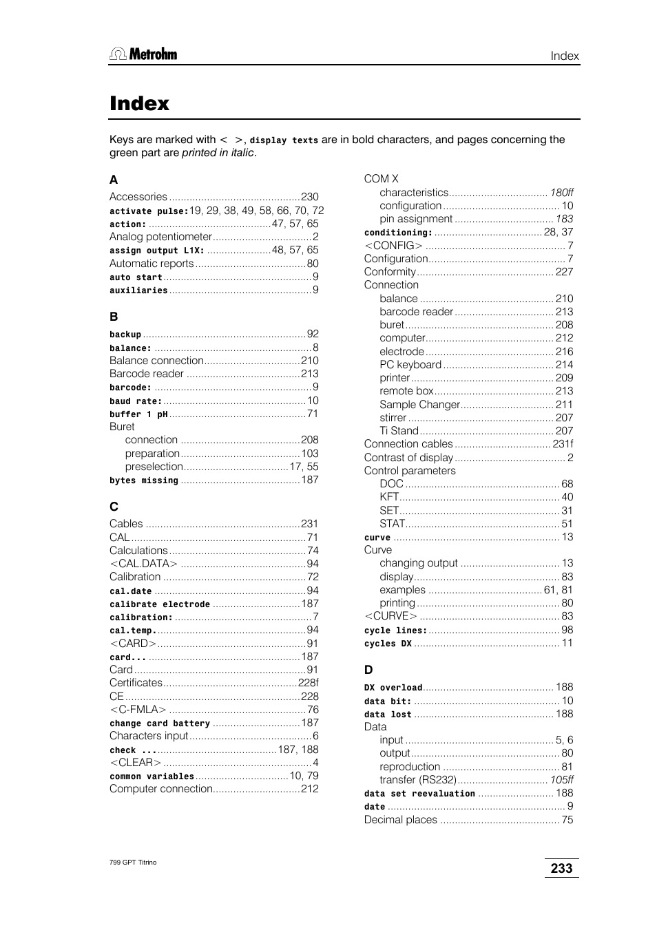 Index | Metrohm 799 GPT Titrino User Manual | Page 237 / 242
