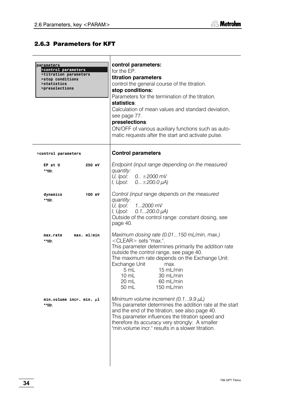 3 parameters for kft | Metrohm 799 GPT Titrino User Manual | Page 38 / 242