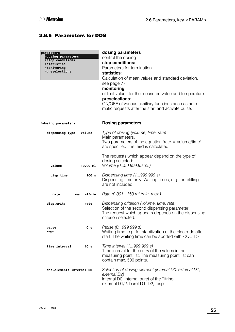 5 parameters for dos | Metrohm 799 GPT Titrino User Manual | Page 59 / 242