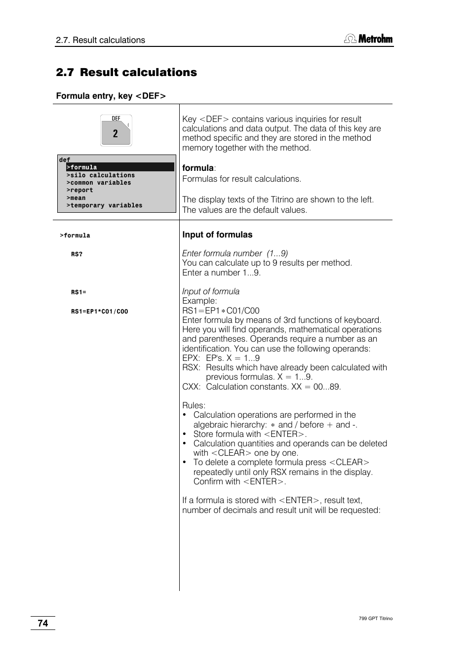 7 result calculations | Metrohm 799 GPT Titrino User Manual | Page 78 / 242