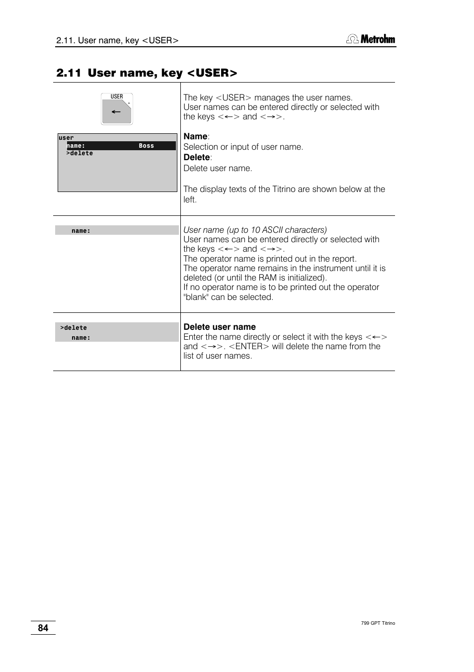 11 user name, key <user | Metrohm 799 GPT Titrino User Manual | Page 88 / 242
