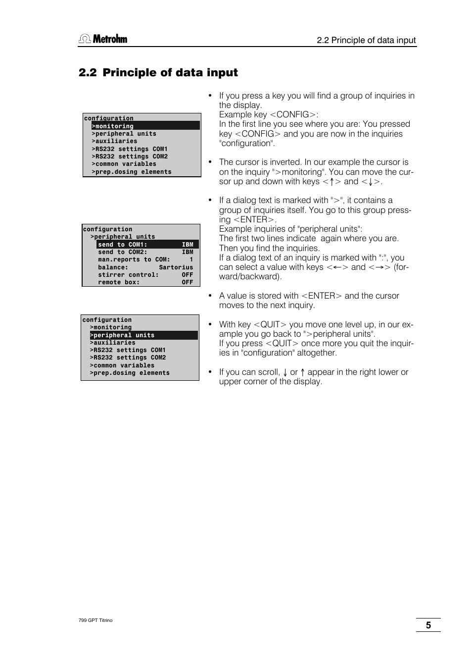 2 principle of data input | Metrohm 799 GPT Titrino User Manual | Page 9 / 242