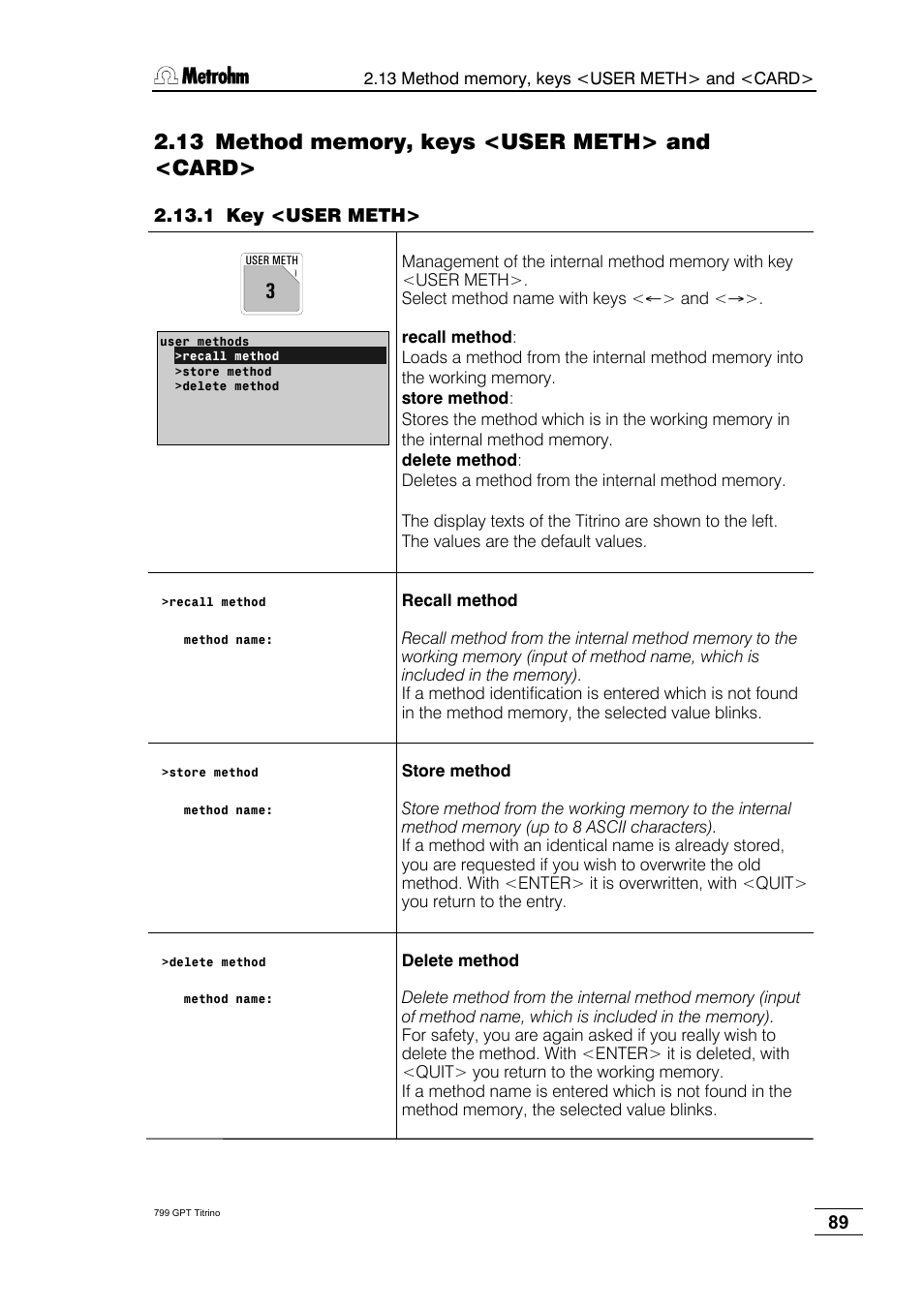 13 method memory, keys <user meth> and < card, 1 key <user meth | Metrohm 799 GPT Titrino User Manual | Page 93 / 242