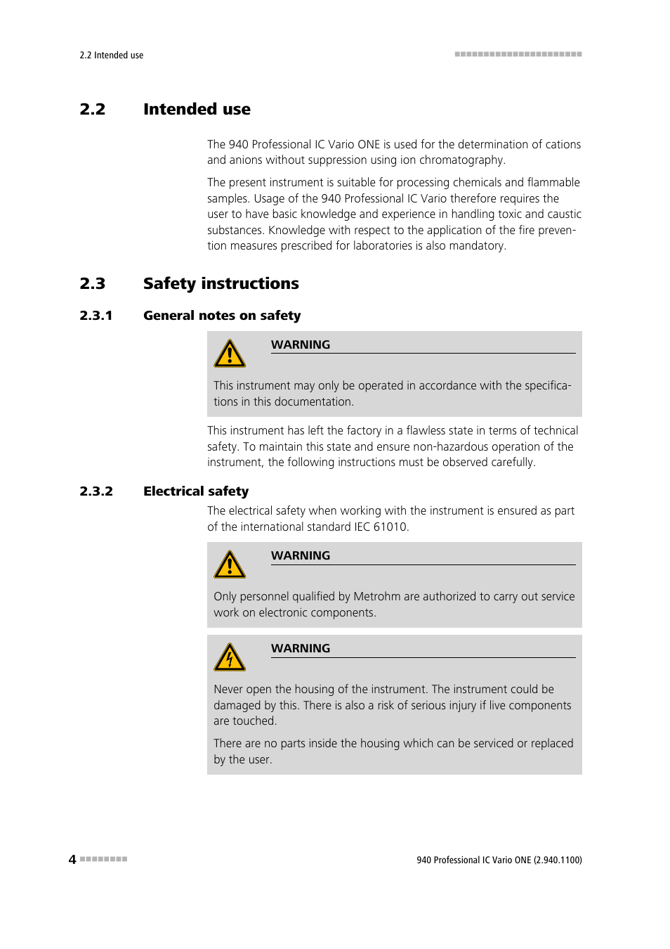 2 intended use, 3 safety instructions, 1 general notes on safety | 2 electrical safety, Intended use, Safety instructions, General notes on safety, Electrical safety | Metrohm 940 Professional IC Vario User Manual | Page 12 / 43