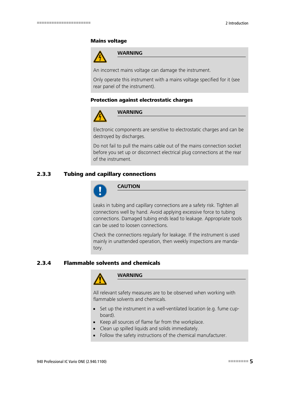 3 tubing and capillary connections, 4 flammable solvents and chemicals, Tubing and capillary connections | Flammable solvents and chemicals | Metrohm 940 Professional IC Vario User Manual | Page 13 / 43