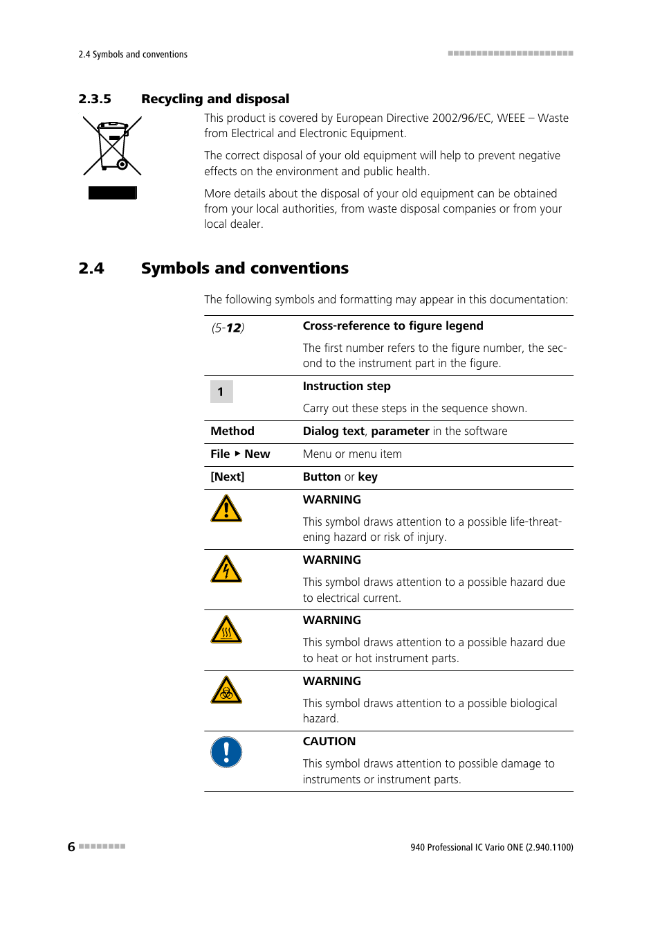 5 recycling and disposal, 4 symbols and conventions, Recycling and disposal | Symbols and conventions | Metrohm 940 Professional IC Vario User Manual | Page 14 / 43