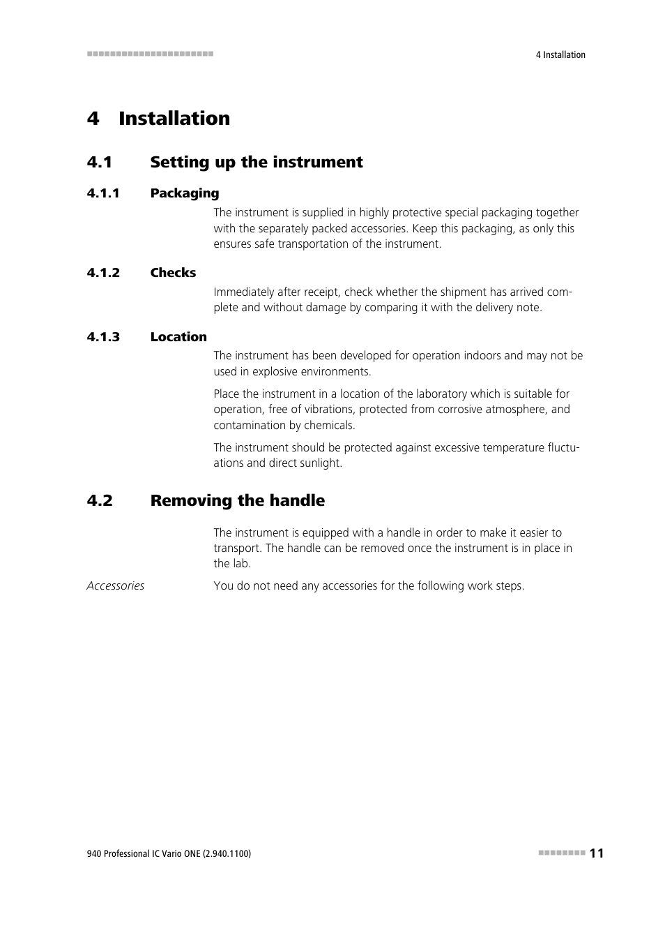 4 installation, 1 setting up the instrument, 1 packaging | 2 checks, 3 location, 2 removing the handle, Setting up the instrument, Packaging, Checks, Location | Metrohm 940 Professional IC Vario User Manual | Page 19 / 43