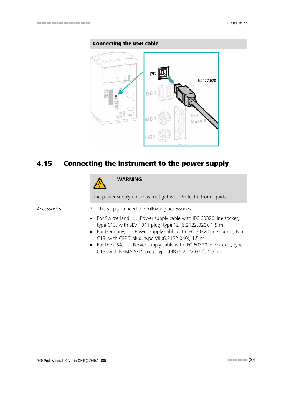 15 connecting the instrument to the power supply | Metrohm 940 Professional IC Vario User Manual | Page 29 / 43