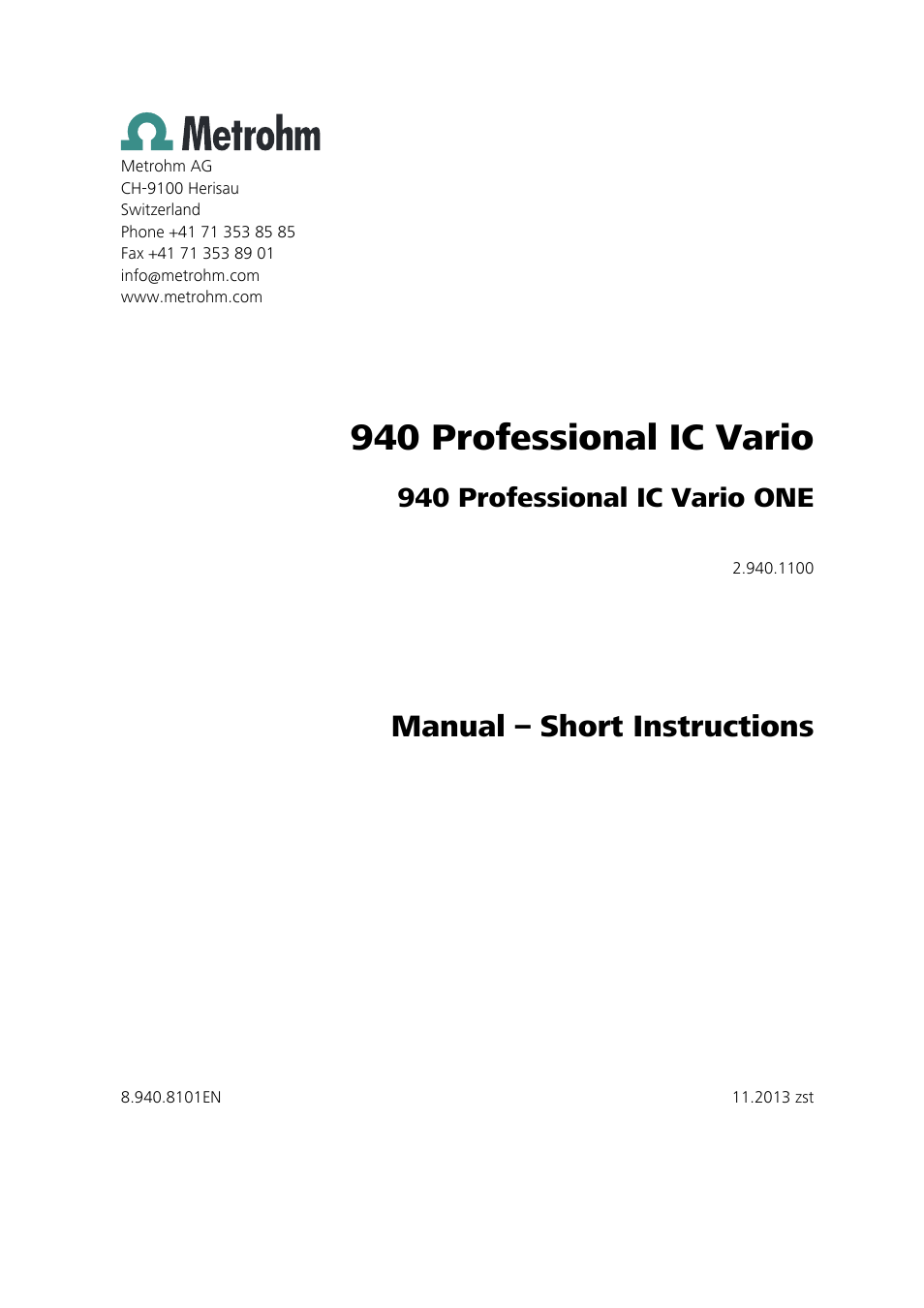 940 professional ic vario, Manual – short instructions, 940 professional ic vario one | Metrohm 940 Professional IC Vario User Manual | Page 3 / 43