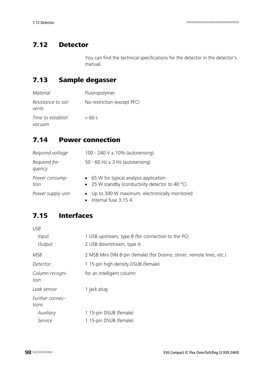 12 detector, 13 sample degasser, 14 power connection | 15 interfaces | Metrohm 930 Compact IC Flex Oven/SeS/Deg User Manual | Page 106 / 113