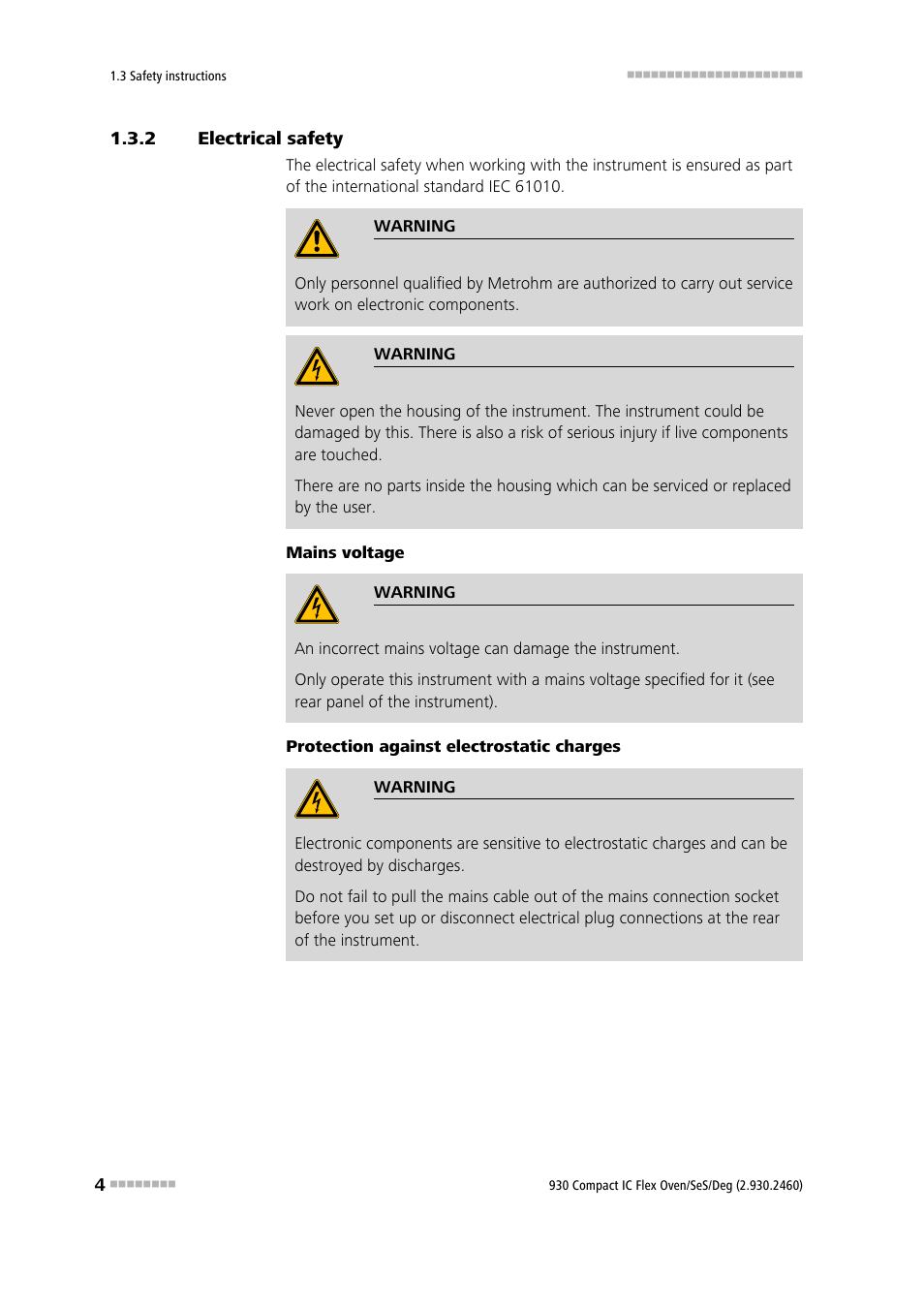 2 electrical safety, Electrical safety | Metrohm 930 Compact IC Flex Oven/SeS/Deg User Manual | Page 12 / 113