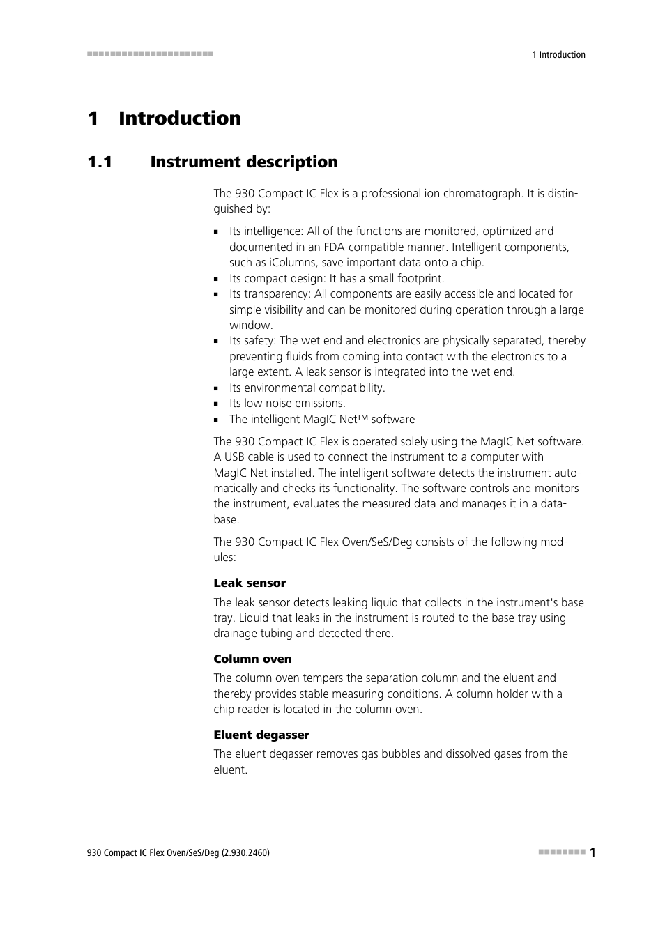 1 introduction, 1 instrument description, Instrument description | Metrohm 930 Compact IC Flex Oven/SeS/Deg User Manual | Page 9 / 113