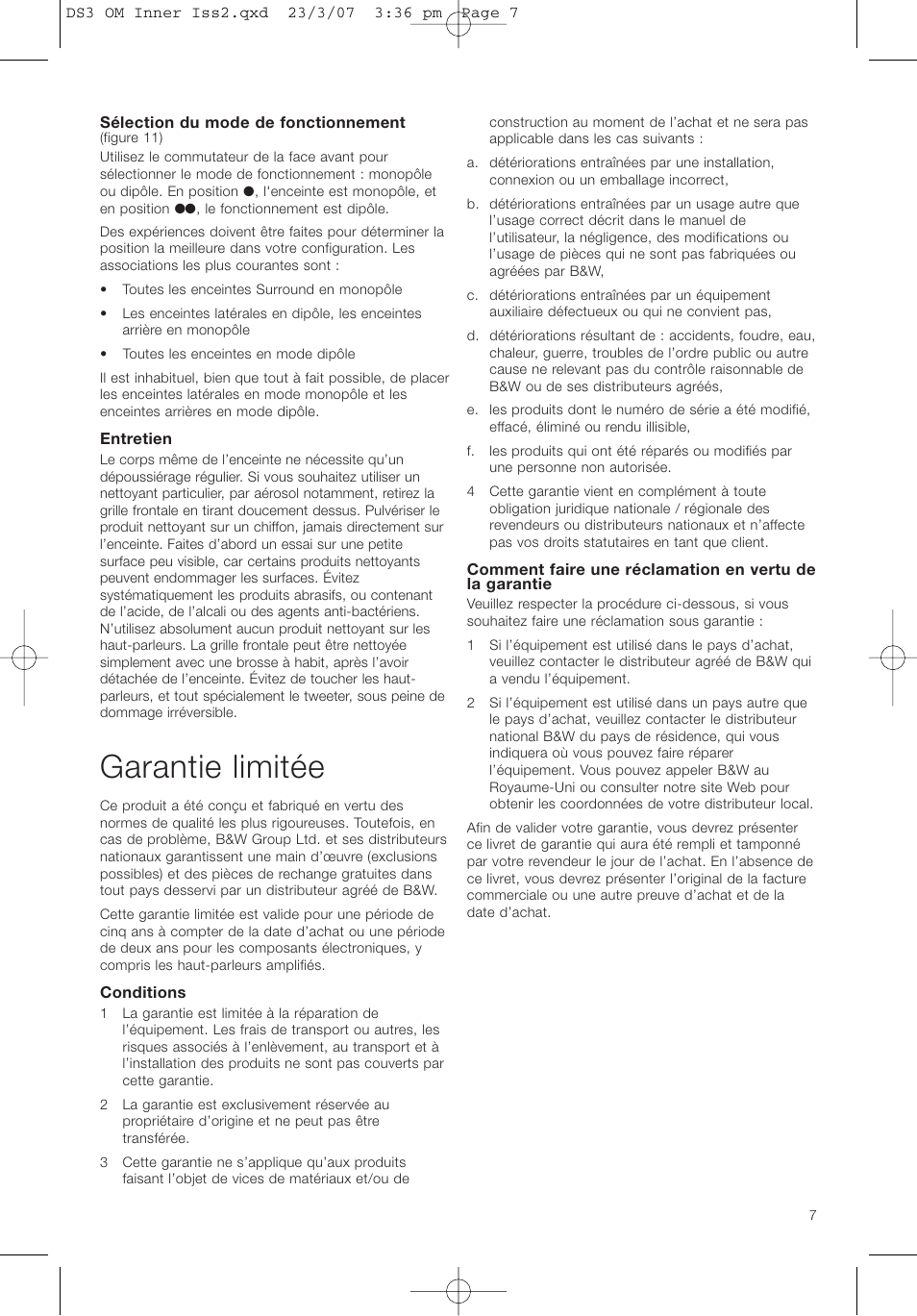 Garantie limitée | Bowers & Wilkins DS3 User Manual | Page 10 / 48