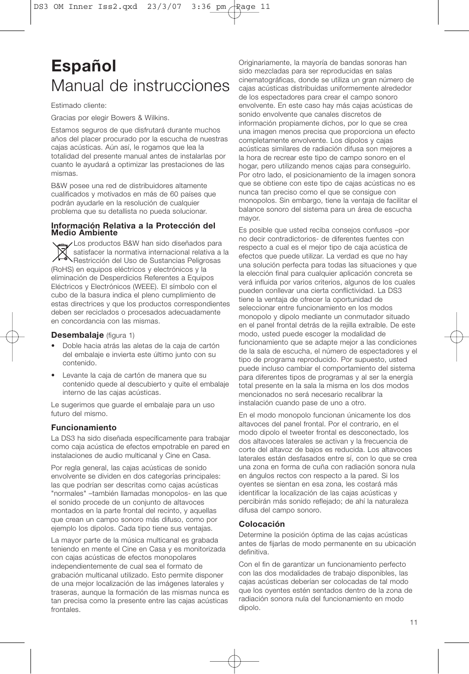 Español manual de instrucciones | Bowers & Wilkins DS3 User Manual | Page 14 / 48