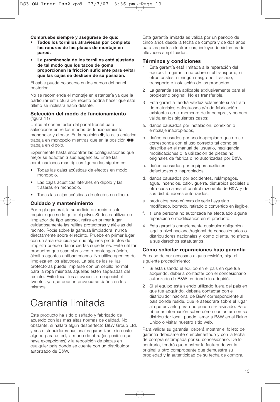 Garantía limitada | Bowers & Wilkins DS3 User Manual | Page 16 / 48