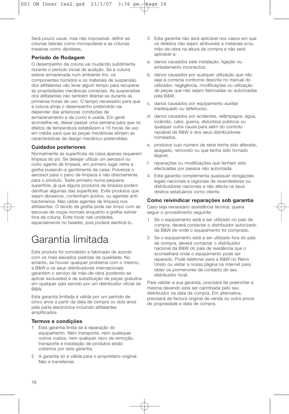 Garantia limitada | Bowers & Wilkins DS3 User Manual | Page 19 / 48