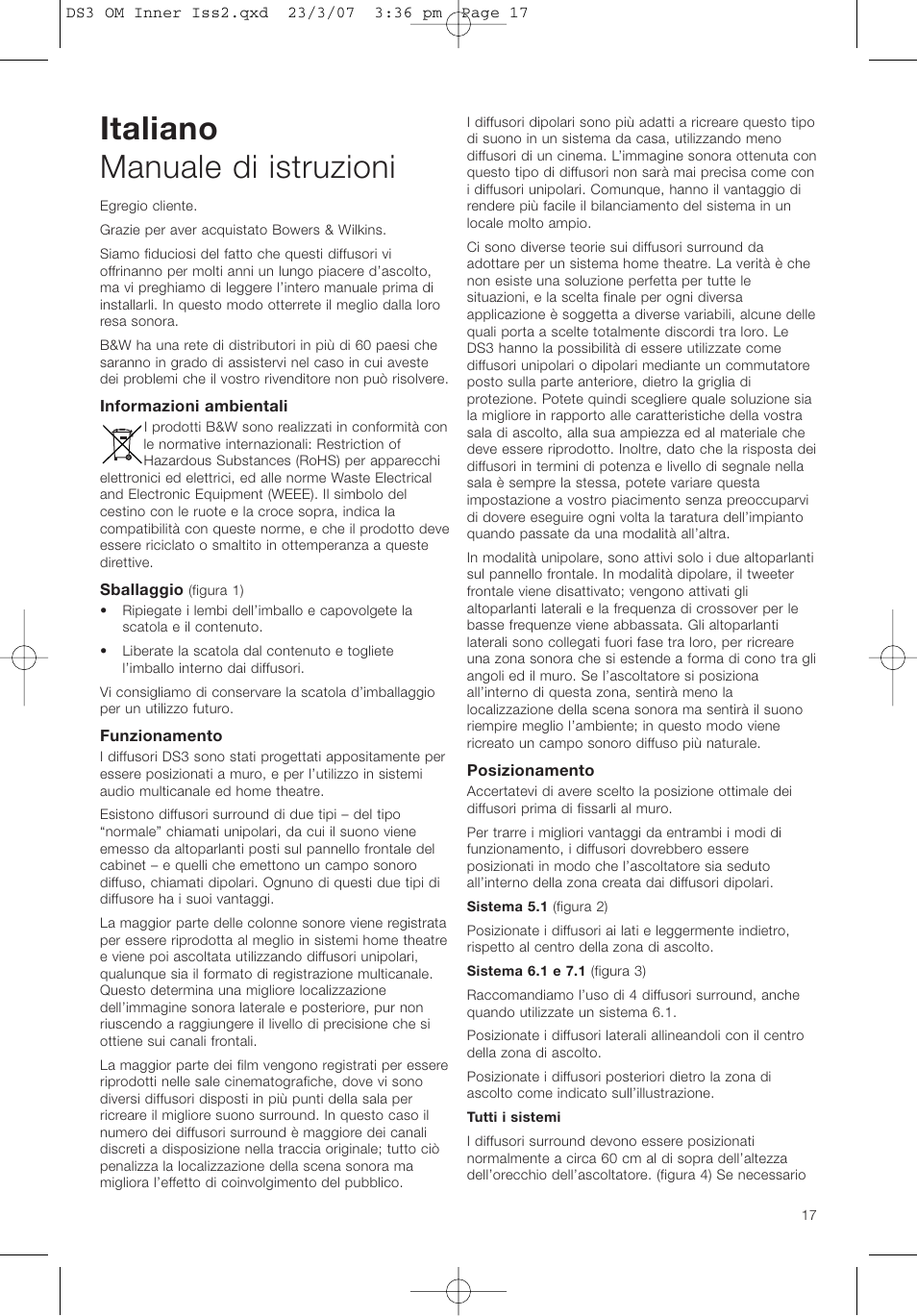 Italiano manuale di istruzioni | Bowers & Wilkins DS3 User Manual | Page 20 / 48