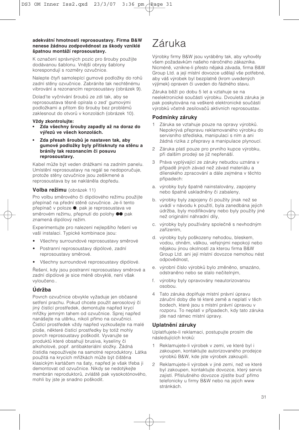 Záruka | Bowers & Wilkins DS3 User Manual | Page 34 / 48