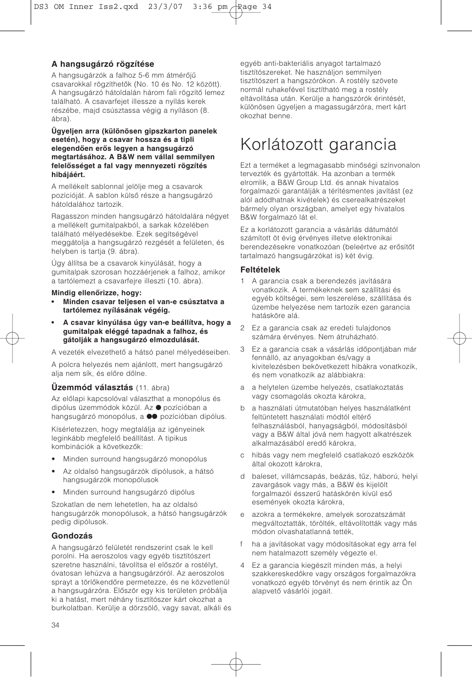 Korlátozott garancia | Bowers & Wilkins DS3 User Manual | Page 37 / 48