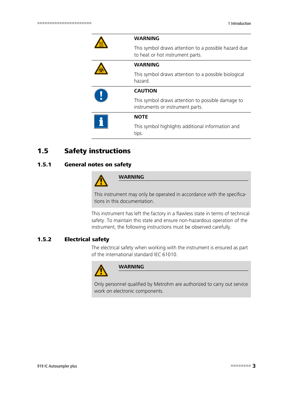 5 safety instructions, 1 general notes on safety, 2 electrical safety | Safety instructions, General notes on safety, Electrical safety | Metrohm 919 IC Autosampler plus User Manual | Page 11 / 48