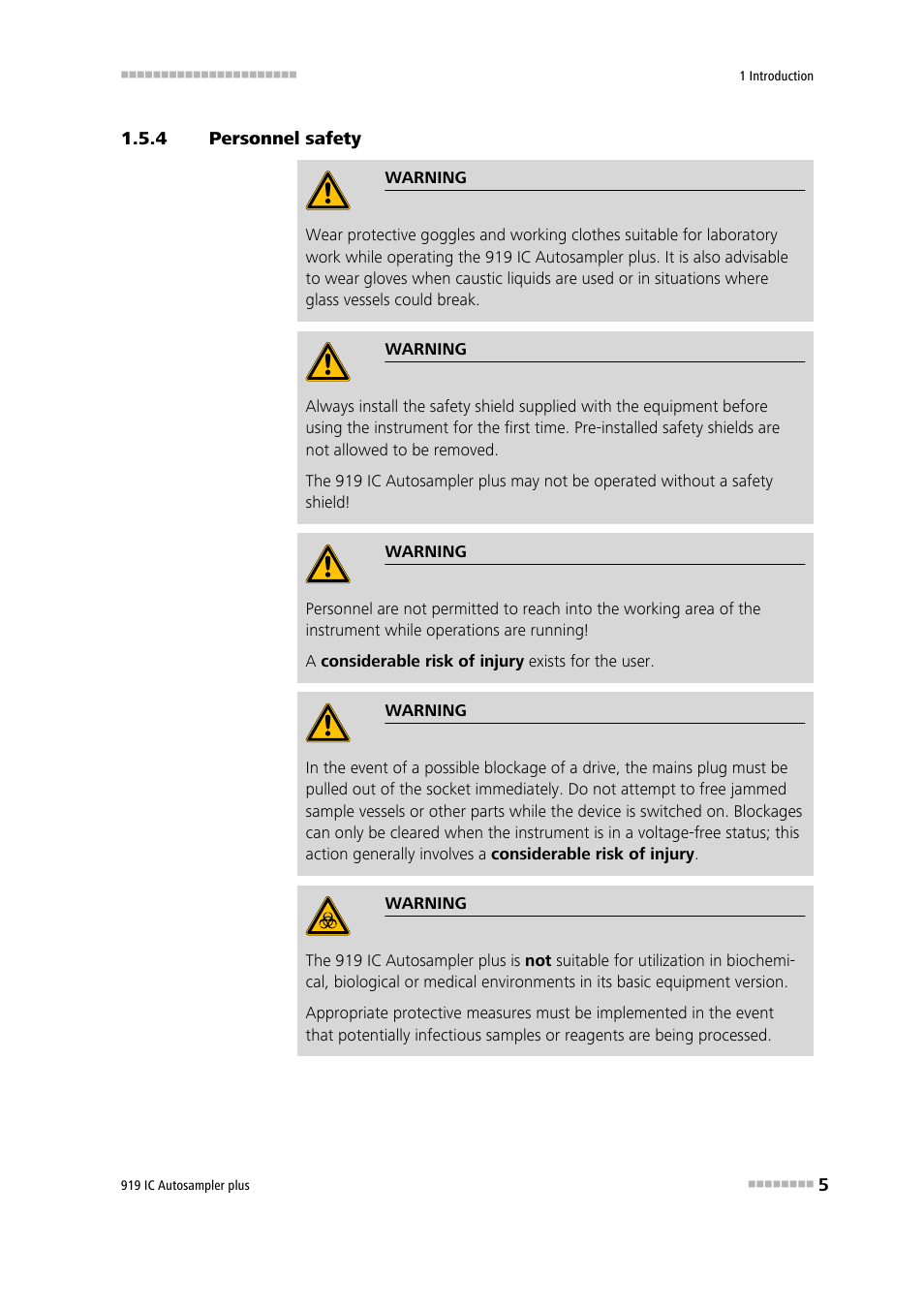 4 personnel safety, Personnel safety | Metrohm 919 IC Autosampler plus User Manual | Page 13 / 48