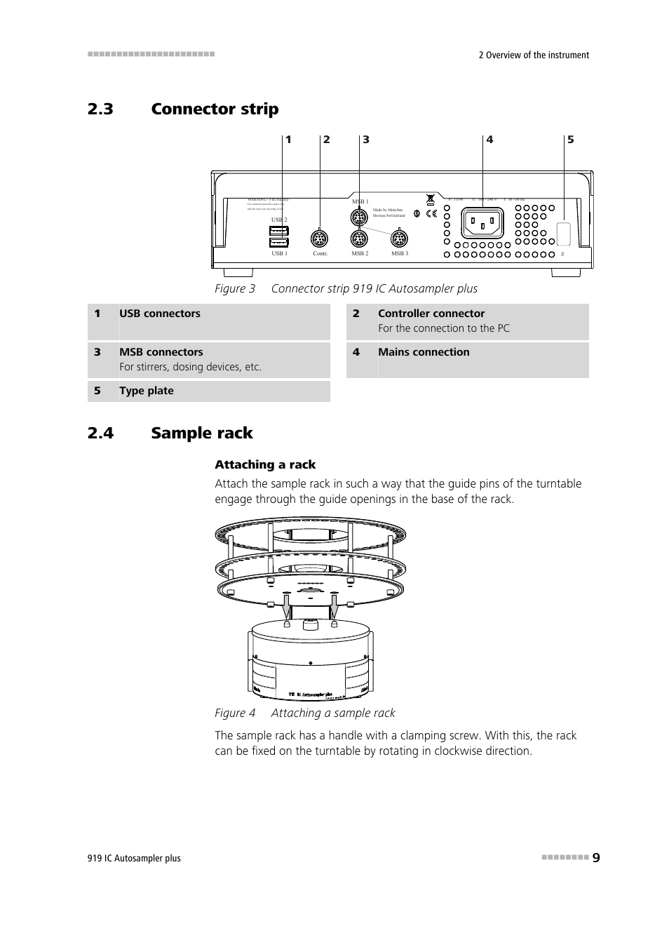 3 connector strip, 4 sample rack, Connector strip | Sample rack, Figure 3, Connector strip 919 ic autosampler plus, Figure 4, Attaching a sample rack | Metrohm 919 IC Autosampler plus User Manual | Page 17 / 48