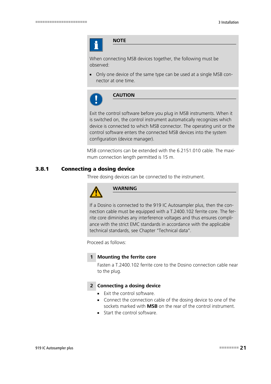 1 connecting a dosing device, Connecting a dosing device | Metrohm 919 IC Autosampler plus User Manual | Page 29 / 48