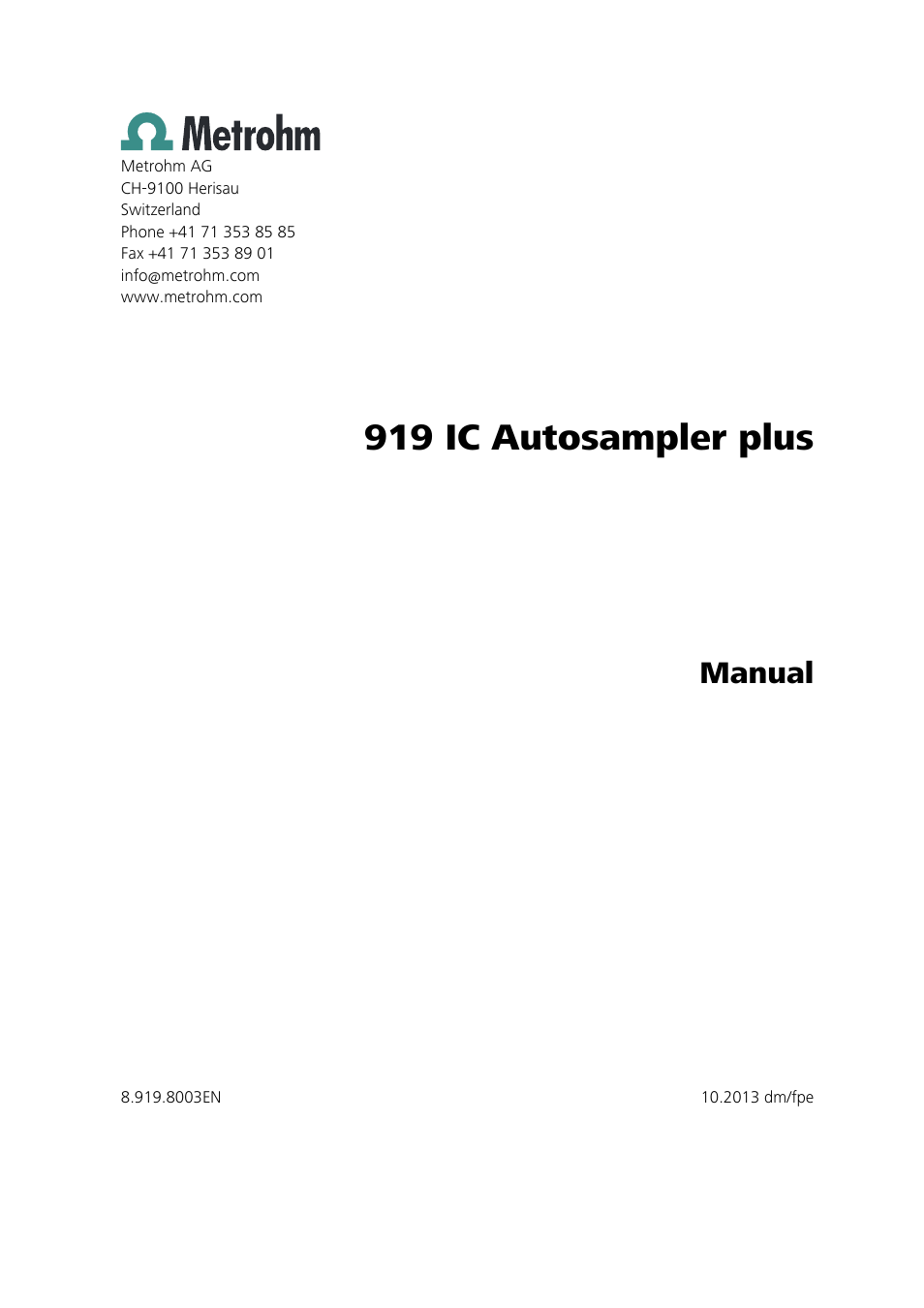 919 ic autosampler plus, Manual | Metrohm 919 IC Autosampler plus User Manual | Page 3 / 48