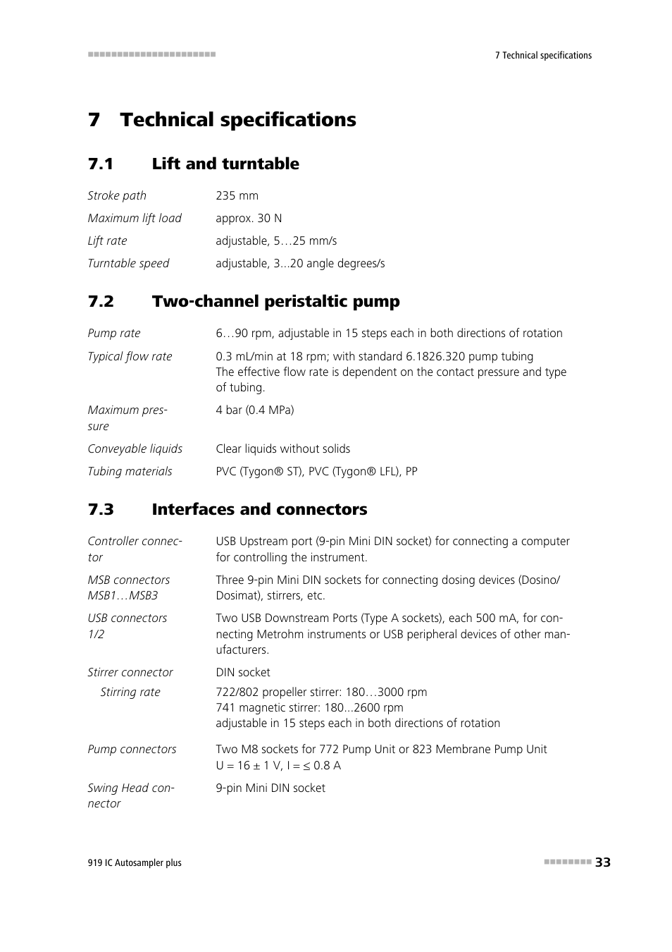 7 technical specifications, 1 lift and turntable, 2 two-channel peristaltic pump | 3 interfaces and connectors, Lift and turntable, Two-channel peristaltic pump, Interfaces and connectors | Metrohm 919 IC Autosampler plus User Manual | Page 41 / 48