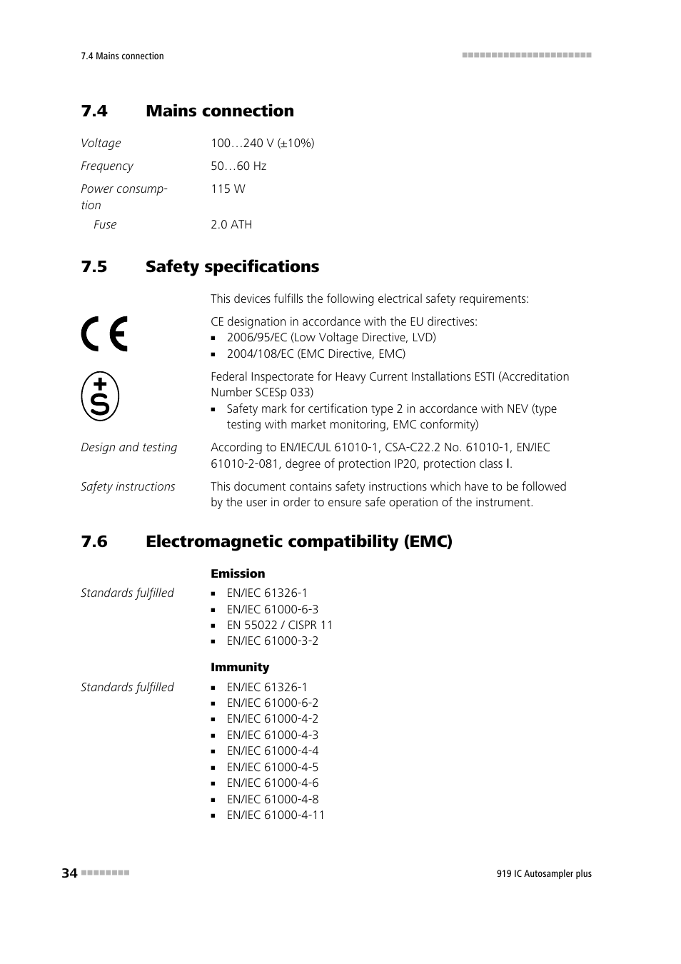 4 mains connection, 5 safety specifications, 6 electromagnetic compatibility (emc) | Mains connection, Safety specifications, Electromagnetic compatibility (emc) | Metrohm 919 IC Autosampler plus User Manual | Page 42 / 48