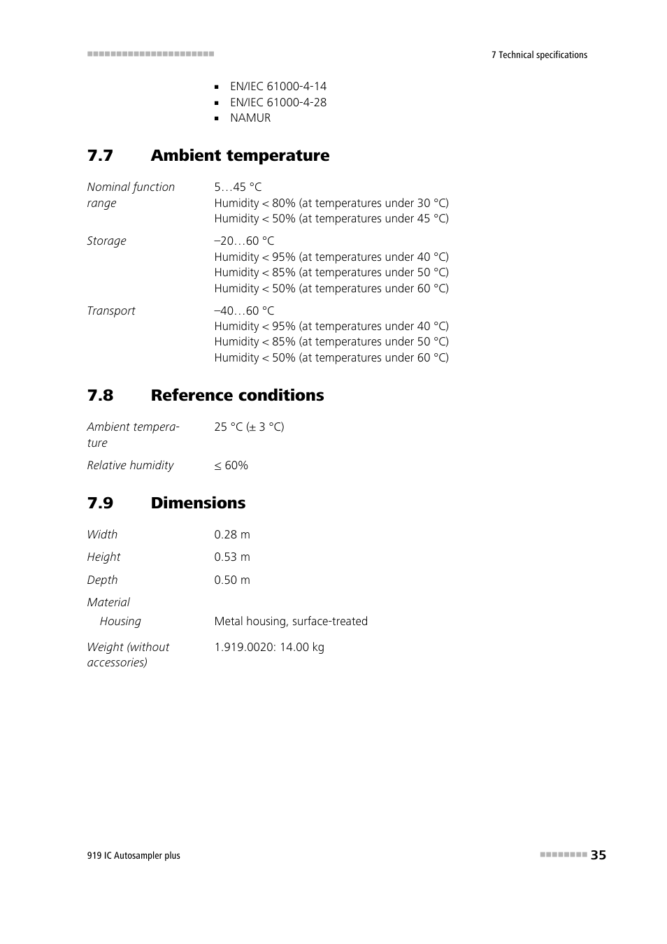7 ambient temperature, 8 reference conditions, 9 dimensions | Ambient temperature, Reference conditions, Dimensions | Metrohm 919 IC Autosampler plus User Manual | Page 43 / 48