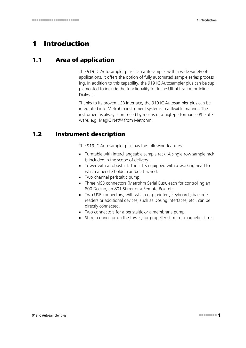 1 introduction, 1 area of application, 2 instrument description | Area of application, Instrument description | Metrohm 919 IC Autosampler plus User Manual | Page 9 / 48