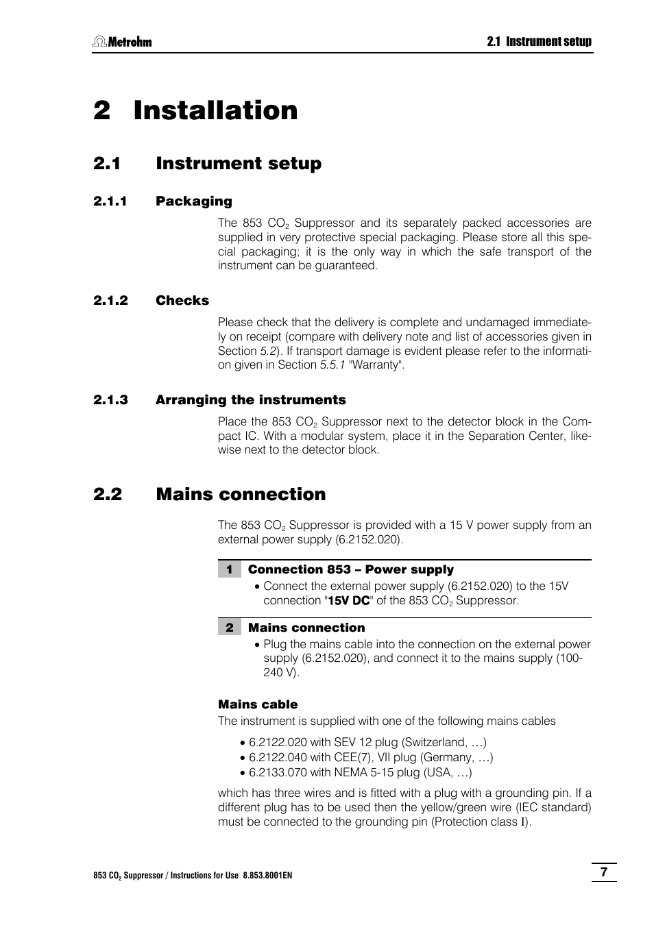 2 installation, Instrument setup, Packaging | Checks, Arranging the instruments, Mains connection, Installation, Section 2 installation, 1 instrument setup, 2 mains connection | Metrohm 853 IC CO2 Suppressor User Manual | Page 13 / 29