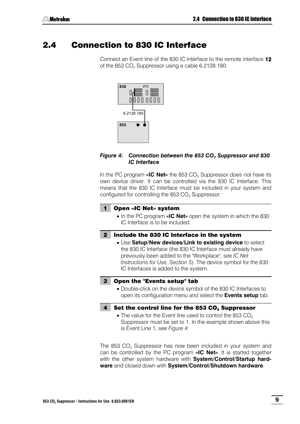 4 connection to 830 ic interface, Connection to 830 ic interface, Figure 4 | Connection between the 853 co, Suppressor and 830 ic, Interface | Metrohm 853 IC CO2 Suppressor User Manual | Page 15 / 29