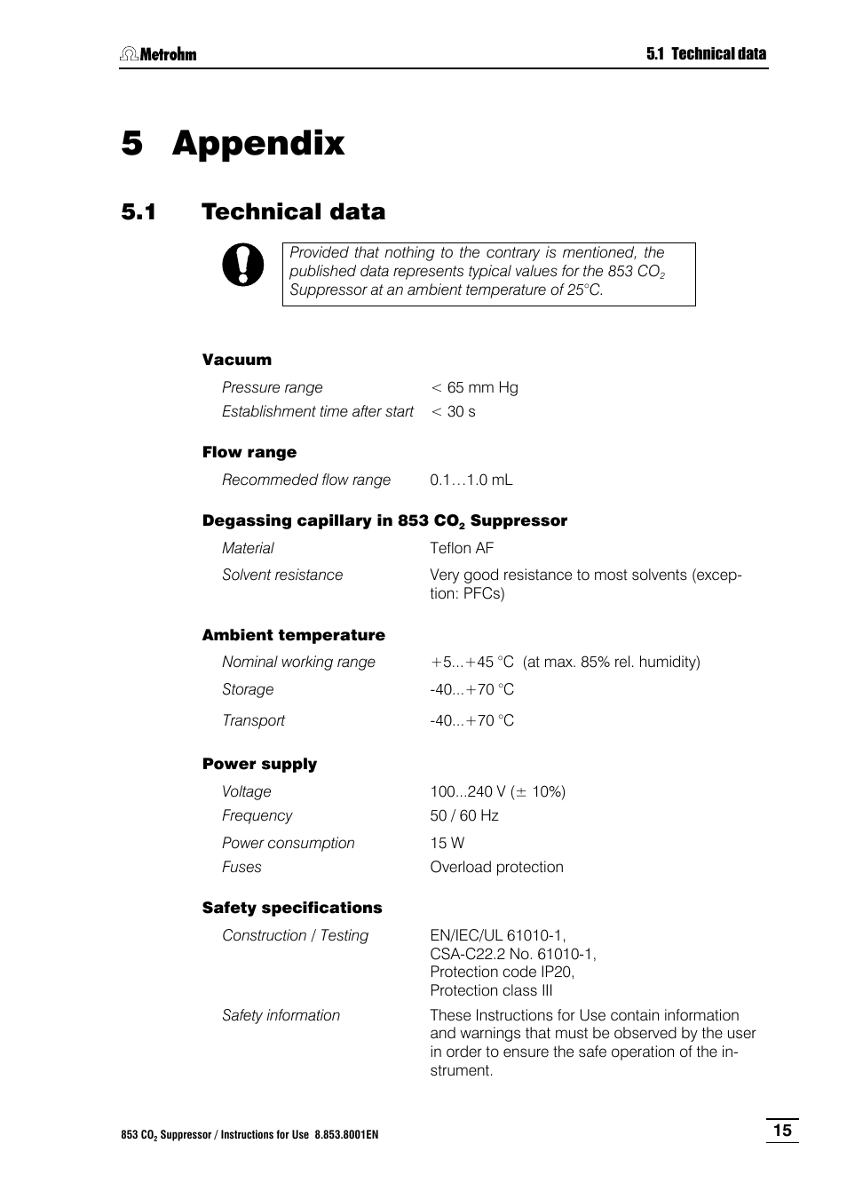 5 appendix, 1 technical data, Appendix | Technical data, Section 5 appendix | Metrohm 853 IC CO2 Suppressor User Manual | Page 21 / 29