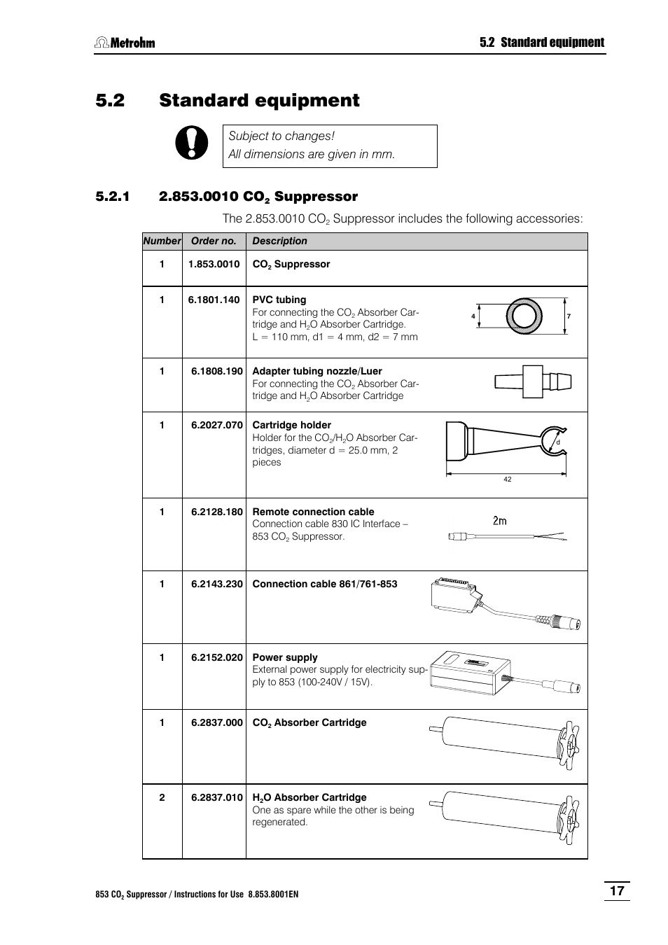 2 standard equipment, 1 2.853.0010 co2 suppressor, Standard equipment | 0010 co, Suppressor | Metrohm 853 IC CO2 Suppressor User Manual | Page 23 / 29