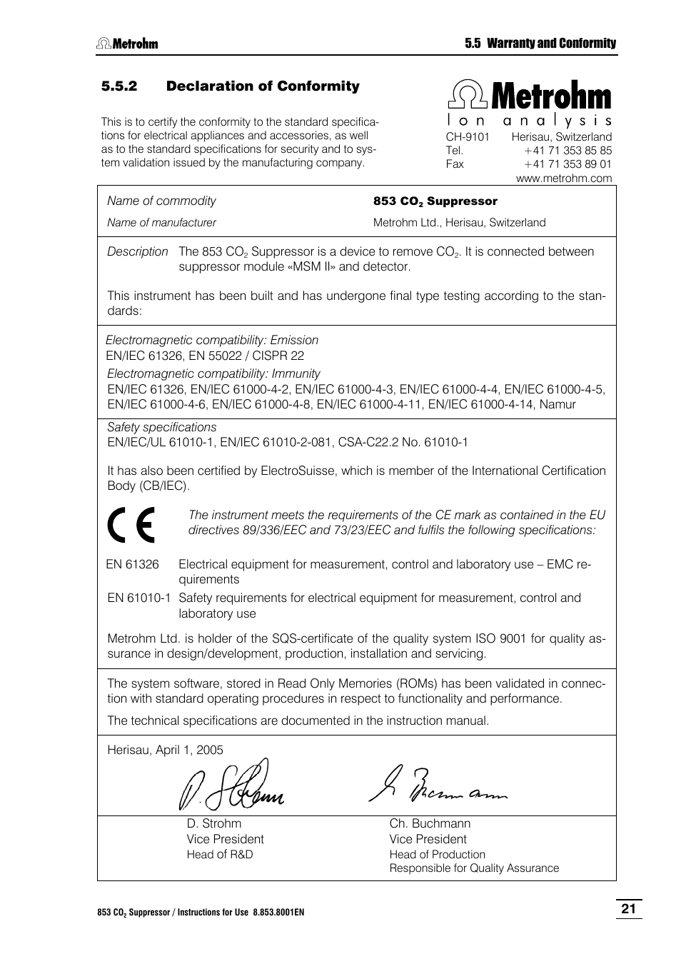 2 declaration of conformity, Declaration of conformity | Metrohm 853 IC CO2 Suppressor User Manual | Page 27 / 29