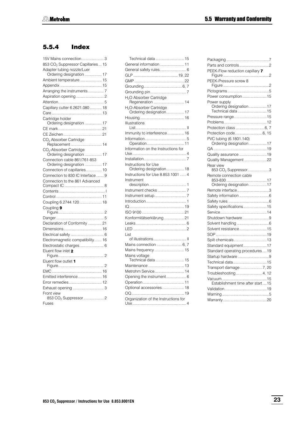 4 index, Index, 5 warranty and conformity | Metrohm 853 IC CO2 Suppressor User Manual | Page 29 / 29