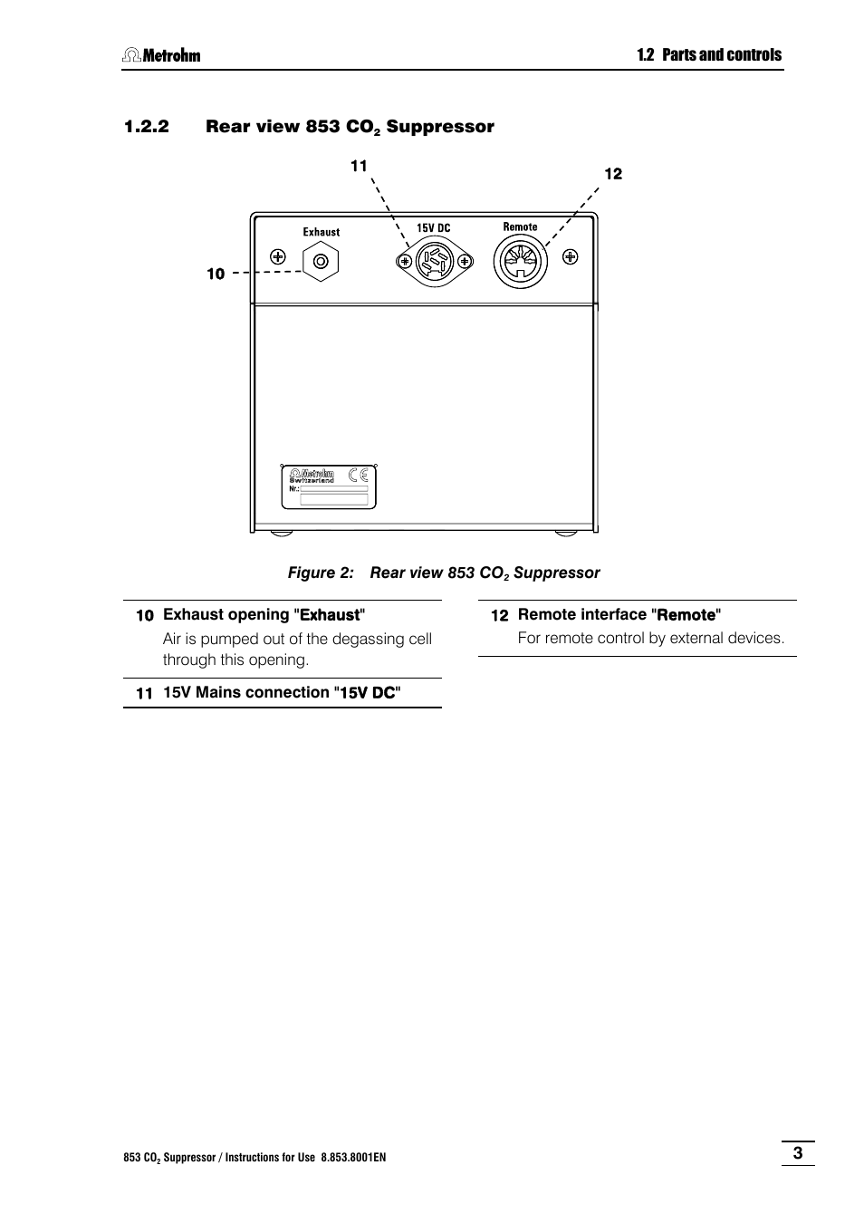 2 rear view 853 co2 suppressor, Rear view 853 co, Suppressor | Figure 2 | Metrohm 853 IC CO2 Suppressor User Manual | Page 9 / 29