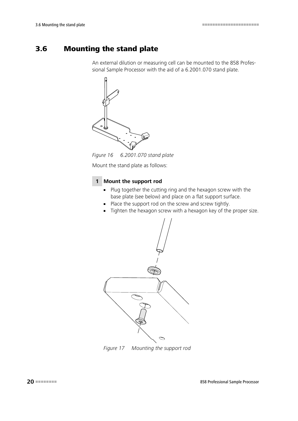 6 mounting the stand plate, Mounting the stand plate, Figure 16 | 2001.070 stand plate, Figure 17, Mounting the support rod | Metrohm 858 Professional Sample Processor User Manual | Page 28 / 105