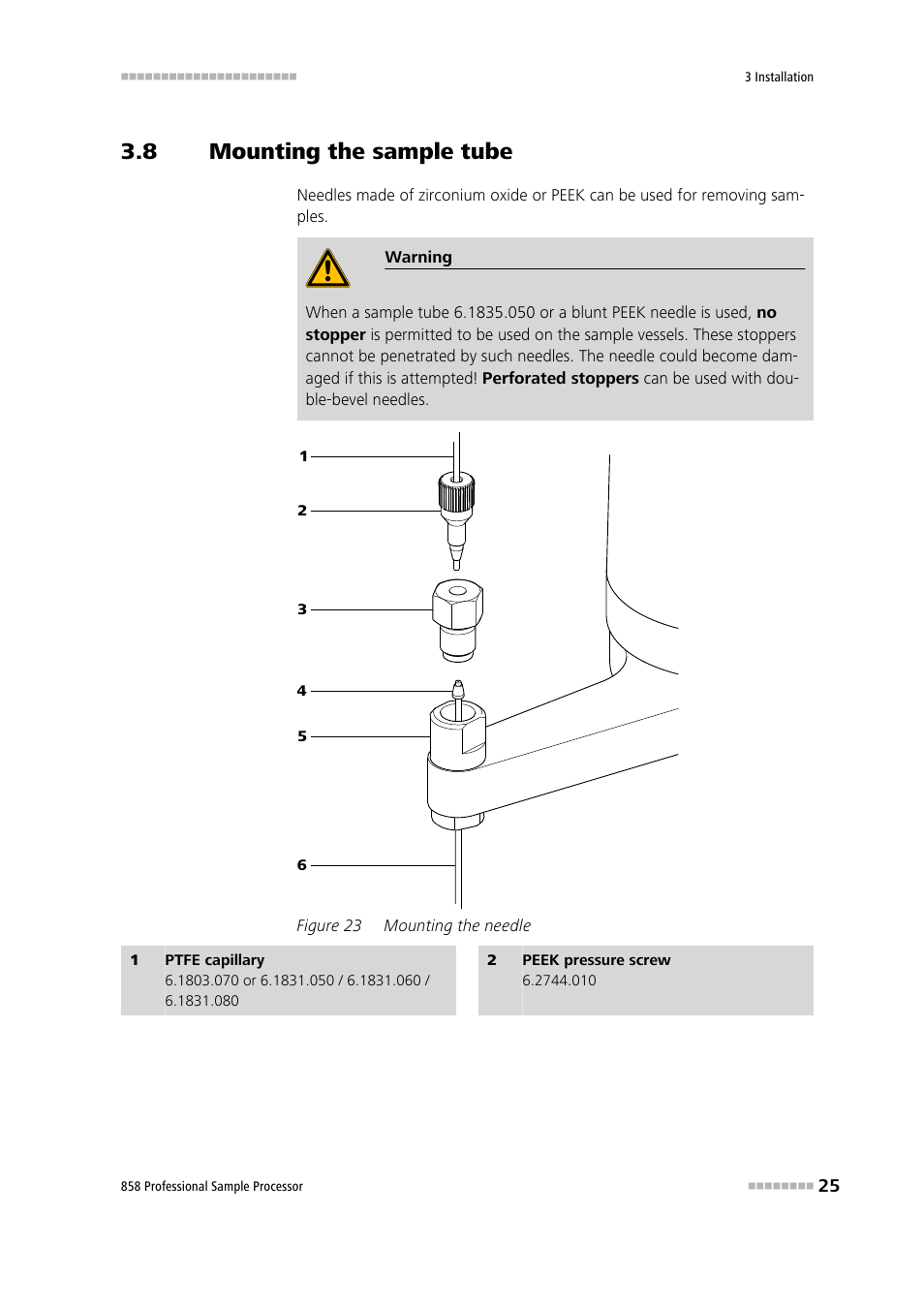 8 mounting the sample tube, Mounting the sample tube, Figure 23 | Mounting the needle | Metrohm 858 Professional Sample Processor User Manual | Page 33 / 105