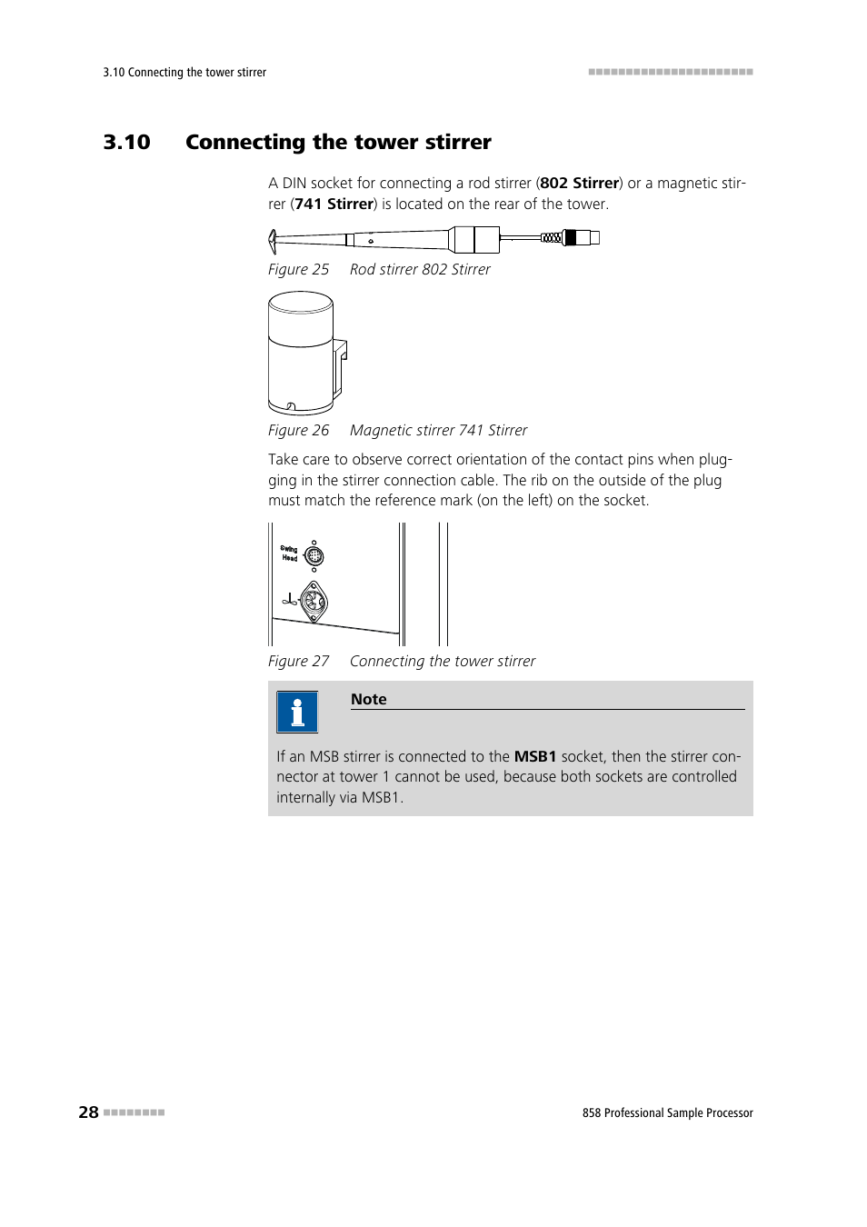 10 connecting the tower stirrer, Figure 25, Rod stirrer 802 stirrer | Figure 26, Magnetic stirrer 741 stirrer, Figure 27, Connecting the tower stirrer | Metrohm 858 Professional Sample Processor User Manual | Page 36 / 105