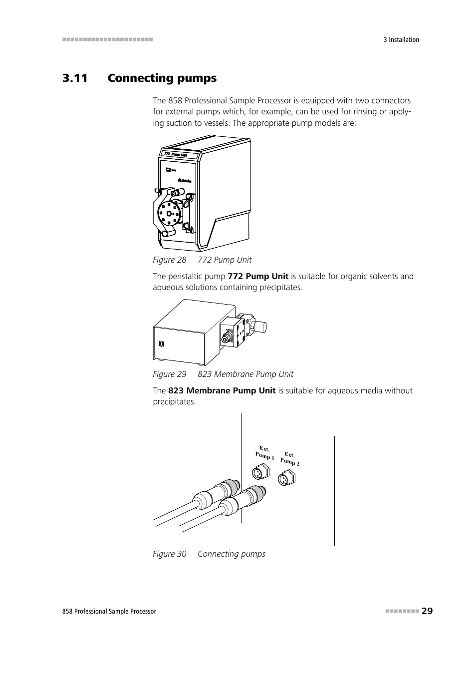 11 connecting pumps, Figure 28, 772 pump unit | Figure 29, 823 membrane pump unit, Figure 30, Connecting pumps | Metrohm 858 Professional Sample Processor User Manual | Page 37 / 105