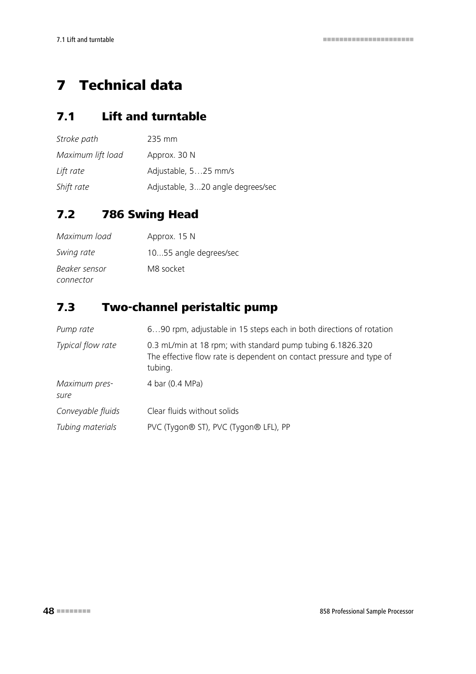 7 technical data, 1 lift and turntable, 2 786 swing head | 3 two-channel peristaltic pump, Lift and turntable, 786 swing head, Two-channel peristaltic pump | Metrohm 858 Professional Sample Processor User Manual | Page 56 / 105