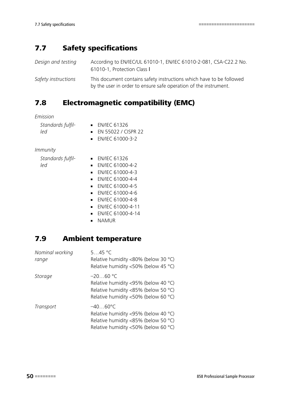 7 safety specifications, 8 electromagnetic compatibility (emc), 9 ambient temperature | Safety specifications, Electromagnetic compatibility (emc), Ambient temperature | Metrohm 858 Professional Sample Processor User Manual | Page 58 / 105