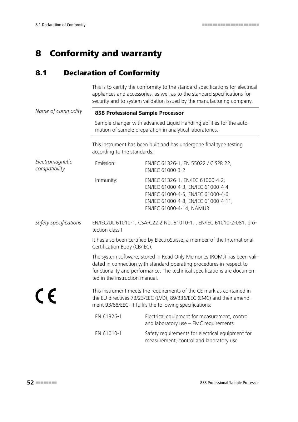 8 conformity and warranty, 1 declaration of conformity, Declaration of conformity | Metrohm 858 Professional Sample Processor User Manual | Page 60 / 105
